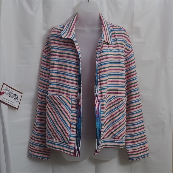 Zara Multicolor Textured Weave Jacket Striped Boho Large Blazer - Picture 4 of 12